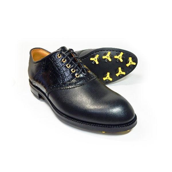 PARASHOE 本革クラシック ゴルフシューズ サドル（クロコ型押）黒 3E 23cm～28cm(PSY-G103M)1枚目の画像